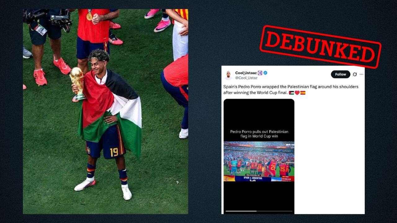 Fake images circulate of Spanish World Cup players draped in Palestinian flags: An image generated by artificial intelligence shows Spanish footballer Lamine Yamal celebrating his World Cup win while draped in a Palestinian flag. People have also been circulating an image of player Pedro Porro, who they falsely claim is wearing a Palestinian flag around his waist. #WorldCup #FakeNews #AI #Football #Spain 1 1e42a797c64ef059d6ebba77d0c4c2e89e73b958