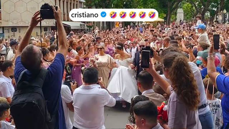 False Ronaldo wedding reports sent huge crowd of fans to another couple's big day. Cristiano found it hilarious: With rumours circulating that Cristiano Ronaldo was set to marry partner Georgina Rodríguez in his hometown on Saturday, hundreds of fans flocked to the cathedral and saw the wedding of a different couple entirely. #CristianoRonaldo #GeorginaRodriguez #WeddingBells #SoccerFans #Rumors 1 a53f2a26bb762c194406ce54d28970e8fd23accc