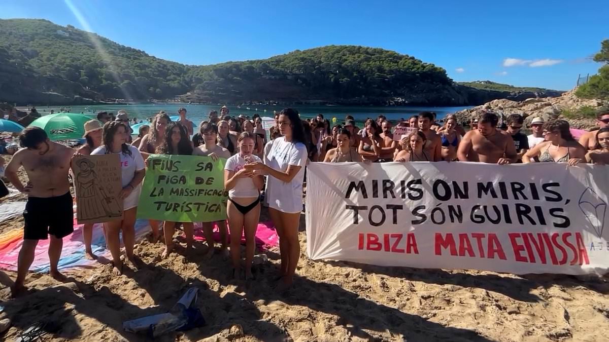 Dozens of anti-tourist fanatics occupy 'overcrowded' Ibiza beach in latest protest against holidaymakers 1 dfb606615692d41bfe208c37e9a145fc3db352426c66b6f593b3fff75dffedee