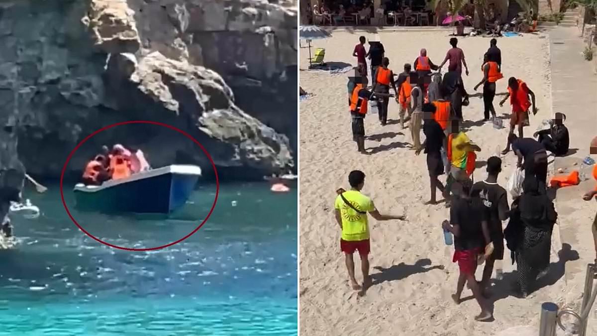 Moment dozens of migrants wade ashore on packed Spanish island beach after arriving on 'taxi' boat 1 1919c2464043e4a798ce6c765aa86d6fb5f840c524698384329be4825d19e427