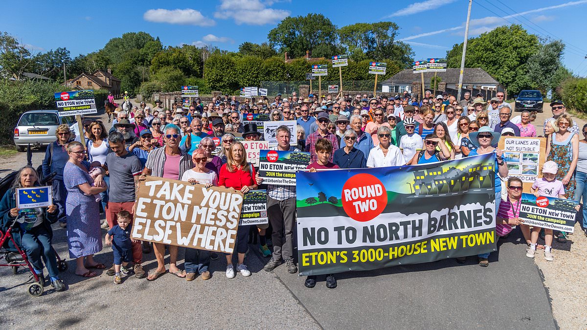 Hundreds of villagers protest over Eton College's 'shameful' plans to build new town with 3,250 homes that could 'wipe out' ancient hamlet 1 77473879f561d40d45c7121f42ca728156e93ffa59318edf129a934afc195950
