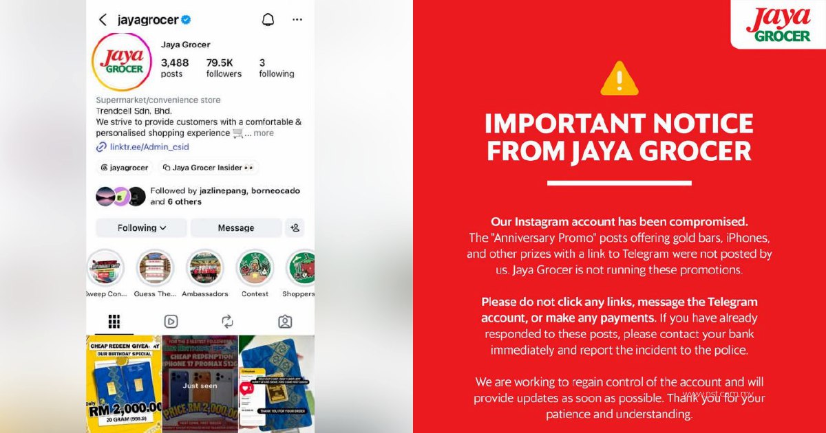 Jaya Grocer warns over Instagram posts offering gold bars, iPhones 1 6cd883b803ef64cbff010842ab7555ab71d44b4b0b013903fec7743e575fda58